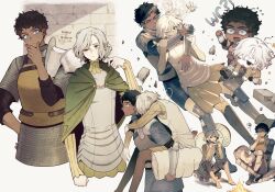 Rule 34 | 2boys, arm around neck, armor, black eyes, black footwear, black hair, campfire, carrying, carrying person, carrying under arm, chainmail, chibi, chibi inset, chinese commentary, cloak, closed eyes, commentary request, cropped torso, dark-skinned male, dark skin, debris, dungeon meshi, eating, elf, expressionless, flying sweatdrops, gorget, green cloak, green skirt, half-closed eye, hand on own chin, hand on own hip, hand up, highres, kabru, kackaorz1, laios touden, male focus, mithrun, multiple boys, multiple views, open mouth, pauldrons, piggyback, pointy ears, running, shaded face, short hair, shoulder armor, single pauldron, sitting, skirt, squiggle, star (symbol), sweat, sweatdrop, swept bangs, uneven eyes, vambraces, walking, walking mushroom (dungeon meshi), white background, white hair