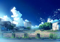 Rule 34 | 10s, advarcher, balcony, blue sky, bridge, building, canal, car, chain-link fence, cloud, cloudy sky, day, fence, grass, gridman universe, house, lamppost, motor vehicle, no humans, outdoors, plant, power lines, railing, rock, scenery, sign, sky, ssss.gridman, stairs, tree, window
