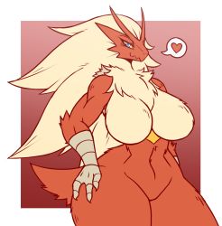 Rule 34 | 1girl, blaziken, blue eyes, blush, border, breasts, colored sclera, creatures (company), female focus, furry, furry female, game freak, gen 3 pokemon, half-closed eyes, hands on own hips, heart, highres, large breasts, long hair, looking at viewer, navel, nintendo, platinum blonde hair, pokemon, pokemon (creature), pokemon rse, rakkuguy, red background, simple background, smile, solo, speech bubble, spoken heart, standing, tail, thick thighs, thighs, white border, yellow sclera