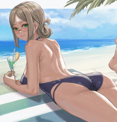 Rule 34 | 1girl, ass, beach, black one-piece swimsuit, blush, breasts, cup, day, drinking glass, folded ponytail, glasses, green eyes, grey hair, highres, kantai collection, katori (kancolle), long hair, looking at viewer, lying, medium breasts, ocean, on stomach, one-piece swimsuit, sand, smile, solo, swimsuit, towel, tree, water, yuugao
