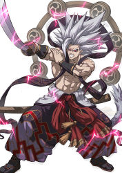 Rule 34 | 1boy, abs, alternate costume, angry, dragon ball, energy, fighting stance, gohan beast, highres, japanese clothes, katana, kimono, magatama, male focus, muscular, muscular arms, muscular male, no shirt, ornament, partially undressed, pectorals, pointy hair, power, red eyes, slippers, solo, son gohan, sword, weapon, white hair, yukata
