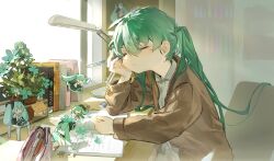 Rule 34 | 1girl, book, chi chi3939, closed eyes, closed mouth, desk, hatsune miku, highres, pencil case, solo, sweater, twintails, vocaloid, window, writing