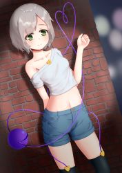Rule 34 | 1girl, absurdres, bare shoulders, black thighhighs, blue shorts, blurry, blurry background, breasts, closed mouth, eyes visible through hair, green eyes, grey hair, hand up, heart, heart-shaped pupils, highres, holding, komeiji koishi, light, looking at viewer, mantou xiang, night, night sky, no headwear, off shoulder, shadow, shirt, short hair, short shorts, short sleeves, shorts, sky, small breasts, smile, solo, standing, stomach, symbol-shaped pupils, t-shirt, thighhighs, third eye, touhou, wall, white shirt, white sleeves