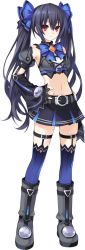 Rule 34 | 10s, 1girl, belt, black hair, boots, bow, crop top, detached sleeves, female focus, full body, garter straps, hand on own hip, highres, kami jigen game neptune v, long hair, long image, looking at viewer, midriff, navel, neptune (series), noire (neptunia), official art, red eyes, shirt, skirt, solo, standing, tall image, taut clothes, taut shirt, thighhighs, transparent background, tsunako, twintails, very long hair