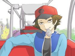Rule 34 | 10s, 1boy, artist request, bad id, bad pixiv id, baseball cap, brown eyes, brown hair, come hither, condom, condom in mouth, creatures (company), ferris wheel, game freak, gen 1 pokemon, hat, hilbert (pokemon), jacket, male focus, mouth hold, naughty face, nintendo, pikachu, pokemon, pokemon (creature), pokemon bw, pov, short hair, smile, solo