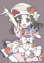 Rule 34 | 1girl, :d, absurdres, apron, arm up, brown background, brown eyes, brown hair, carrot, cherry, commentary request, copyright request, food, frilled apron, frills, fruit, hat, head tilt, highres, holding, holding microphone, microphone, neki (wakiko), open mouth, orange (fruit), pink shirt, pink skirt, puffy short sleeves, puffy sleeves, shirt, short sleeves, simple background, sketch, skirt, smile, solo, strawberry, white apron, white hat