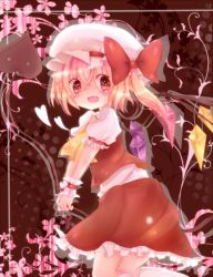 Rule 34 | 1girl, ascot, bad id, bad pixiv id, blonde hair, fang, female focus, flandre scarlet, hat, maho moco, red eyes, short hair, side ponytail, skirt, solo, symbol-shaped pupils, embodiment of scarlet devil, touhou, wings, wrist cuffs