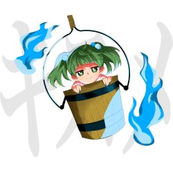Rule 34 | 1girl, aura, blunt bangs, bucket, closed mouth, commentary request, green eyes, green hair, hair bobbles, hair ornament, happy, harukawa moe (style), highres, in bucket, in container, japanese clothes, keiki8296, kimono, kisume, medium hair, rope, smile, solo, touhou, white kimono, wooden bucket