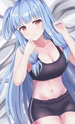 Rule 34 | 1girl, alternate breast size, bed sheet, black shorts, black sports bra, blue hair, blue nails, blunt bangs, blush, breasts, cleavage, commentary, curled fingers, dutch angle, eyelashes, fingernails, from above, hair tie, hands up, highres, kotonoha aoi, large breasts, long hair, looking at viewer, low-tied sidelocks, lying, nail polish, navel, on bed, one side up, parted lips, red eyes, sakulano suzuca, short shorts, shorts, smile, solo, sports bra, thighs, thighs together, very long hair, voiceroid