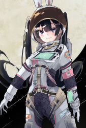 Rule 34 | 1girl, animal ears, black hair, blue eyes, blush, closed mouth, commentary, cowboy shot, fake animal ears, hair between eyes, hair ornament, hairclip, hairpin, helmet, highres, long hair, looking at viewer, meisan., nijisanji, rabbit ears, solo, space helmet, spacesuit, symbol-only commentary, tsukino mito, tsukino mito (16th costume), twintails, very long hair, virtual youtuber