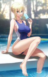 Rule 34 | 1girl, :o, ahoge, artoria pendragon (fate), artoria pendragon (lancer) (fate), bare arms, bare legs, bare shoulders, barefoot, blue one-piece swimsuit, blurry, blurry background, braid, braided bun, breasts, collarbone, competition swimsuit, day, depth of field, fate/grand order, fate (series), feet, food, hair bun, hair intakes, highres, holding, holding food, impossible clothes, impossible swimsuit, large breasts, one-piece swimsuit, open mouth, outdoors, pool, poolside, popsicle, sidelocks, sitting, soaking feet, solar (happymonk), solo, swimsuit, water