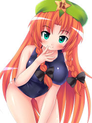 Rule 34 | 1girl, aqua eyes, bad id, bad pixiv id, bow, braid, breasts, embodiment of scarlet devil, female focus, green eyes, hair bow, hat, hong meiling, kuro minamo, large breasts, leaning forward, long hair, looking at viewer, one-piece swimsuit, red hair, school swimsuit, simple background, smile, solo, swimsuit, touhou, twin braids
