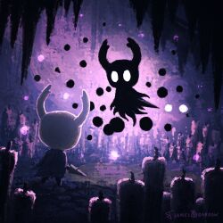 Rule 34 | artist name, bug, candle, cape, cave, cloak, floating, from behind, full body, highres, holding, holding weapon, hollow knight, horns, jamesbbarrow, knight (hollow knight), nail (hollow knight), no humans, shade (hollow knight), standing, weapon