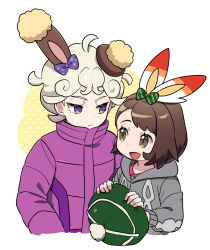 Rule 34 | 1boy, 1girl, :d, ahoge, bede (pokemon), blonde hair, bob cut, brown eyes, brown hair, buneary, buttons, cable knit, cardigan, closed mouth, coat, collared dress, commentary, creatures (company), curly hair, dede (qwea 00000), dress, eyelashes, game freak, gen 4 pokemon, gen 8 pokemon, gloria (pokemon), green headwear, grey cardigan, hat, highres, holding, holding clothes, holding hat, hooded cardigan, nintendo, open mouth, pink dress, pokemon, pokemon (creature), pokemon ears, pokemon swsh, purple coat, purple eyes, scorbunny, short hair, smile, symbol-only commentary, tam o&#039; shanter, tongue, unworn hat, unworn headwear