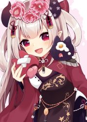 Rule 34 | 1girl, :d, arm guards, black dress, blush, breasts, commentary request, curled horns, dress, egg (food), flower, food, hair flower, hair ornament, hair rings, hand up, holding, horns, leaning forward, long hair, long sleeves, looking at viewer, maki soutoki, naraka (nijisanji), nijisanji, open mouth, red eyes, red flower, shrug (clothing), silver hair, small breasts, smile, solo, star (symbol), sunny side up egg, virtual youtuber, wide sleeves