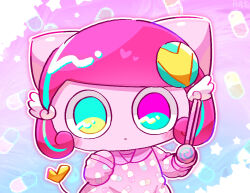 Rule 34 | 1girl, alternate costume, animal ears, aqua eyes, aqua hair, artist name, blue background, blush, cat ears, chibi, chibi only, chopsticks, closed mouth, colored skin, commentary request, expressionless, gradient background, hair ornament, hairpods, heterochromia, holding, holding chopsticks, hood, hoodie, long sleeves, looking at viewer, multicolored hair, no eyebrows, patterned clothing, pepoyo, pill, pink background, pink eyes, pink hair, pink hoodie, pink skin, poyoroid, short hair, simple background, solo, star (symbol), streaked hair, swept bangs, utau, wing hair ornament