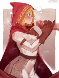 Rule 34 | 1boy, 1girl, absurdres, artist name, belt, blush, breasts, brown belt, brown gloves, cape, capelet, commentary, dress, elden ring, from side, gloved handjob, gloves, handjob, hetero, highres, hood, hood up, hooded cape, large breasts, long sleeves, parted lips, penis, red capelet, red hood, roderika (elden ring), shiny skin, solo focus, sorapoi, steam, steaming body, teeth, uncensored
