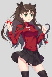 Rule 34 | 1girl, between fingers, brown hair, command spell, fate/stay night, fate (series), gem, green eyes, holding, jewelry, long hair, necklace, smile, solo, thighhighs, tohsaka rin, two side up, you06