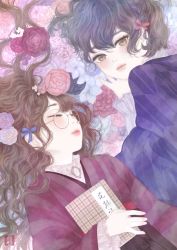 Rule 34 | 2girls, absurdres, bed of roses, black hair, blue bow, blue flower, book, bow, braid, brooch, brown eyes, brown hair, brown hakama, closed eyes, closed mouth, commentary, flower, frilled shirt, frills, from above, glasses, hair bow, hair flower, hair ornament, hakama, highres, holding, holding book, japanese clothes, jewelry, kimono, light blush, long hair, long sleeves, looking at viewer, lying, matching outfits, medibang paint (medium), meiji schoolgirl uniform, multiple girls, on back, original, pink flower, plaid, purple kimono, red bow, red flower, red kimono, rose, round eyewear, seal impression, shirt, short hair, single braid, striped clothes, striped kimono, upper body, ushiyama ame, wavy hair, yagasuri