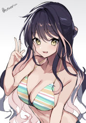 Rule 34 | 1girl, bikini, black hair, blush, breasts, cleavage, fang, highres, kantai collection, large breasts, long hair, looking at viewer, multicolored hair, naganami (kancolle), one-hour drawing challenge, open mouth, picoli1313, pink hair, simple background, skin fang, solo, striped bikini, striped clothes, swimsuit, twitter username, two-tone background, upper body, v, wavy hair, yellow eyes