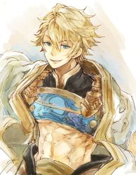 Rule 34 | 1boy, abs, ahoge, aladdin (sinoalice), aqua eyes, arabian clothes, armor, bare pectorals, blonde hair, breastplate, cape, grin, looking at viewer, male focus, parted lips, pectorals, short hair, simple background, sino nb3, sinoalice, smile, solo