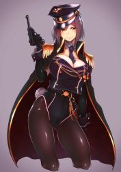 Rule 34 | 1girl, arm at side, arm up, between breasts, black gloves, blue hair, blush, bob cut, breasts, cape, cleavage, commentary, cowboy shot, cropped legs, detached collar, elbow gloves, gloves, grey background, gun, handgun, hat, highres, holding, holding gun, holding weapon, kagami uekusa, leaning to the side, leotard, looking to the side, military, military hat, military uniform, mole, mole under eye, necktie, necktie between breasts, nijisanji, pantyhose, pistol, playboy bunny, rabbit tail, shizuka rin, short hair, simple background, sleeveless, smile, solo, tail, thighs, trigger discipline, uniform, virtual youtuber, weapon, weapon request, wing collar, yellow eyes