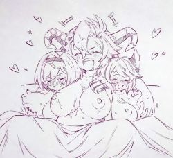 Rule 34 | 3girls, :d, ^ ^, blush, grabbing another&#039;s breast, breasts, closed eyes, commentary request, cum, cum on body, cum on breasts, cum on hair, cum on upper body, djeeta (granblue fantasy), draph, fediel (granblue fantasy), grabbing, granblue fantasy, hair between eyes, hair ornament, heart, highres, horns, large breasts, monochrome, multiple girls, nipples, open mouth, satyr (granblue fantasy), short hair, skull hair ornament, smile, traditional media, tsukareta san, yuri