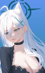 Rule 34 | 1girl, ahoge, animal ears, black choker, black dress, blue archive, blue background, blue eyes, breasts, choker, cleavage, collarbone, cross hair ornament, dark halo, dress, extra ears, grey hair, hair ornament, halo, highres, large breasts, long hair, mismatched pupils, open mouth, qumai79, shiroko (blue archive), shiroko terror (blue archive), solo, wolf ears