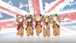 Rule 34 | 10s, 5girls, animal costume, assam (girls und panzer), bandaged arm, bandages, barefoot, bear costume, blonde hair, blue eyes, blush, boko (girls und panzer), boko (girls und panzer) (cosplay), braid, brown eyes, brown hair, closed mouth, cosplay, darjeeling (girls und panzer), girls und panzer, grin, hair over shoulder, highres, leg up, light smile, long hair, multiple girls, one eye closed, open mouth, orange hair, orange pekoe (girls und panzer), orc peon 7503, pajamas, parted lips, red hair, reflection, reflective floor, rosehip (girls und panzer), rukuriri (girls und panzer), short hair, single braid, smile, standing, standing on one leg, union jack, w arms