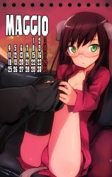 Rule 34 | 1girl, animal ears, bespectacled, black thighhighs, brown hair, calendar, federica n. doglio, glasses, green eyes, italian text, long hair, open clothes, open shirt, panties, red panties, shimada fumikane, shirt, solo, strike witches, strike witches: kurenai no majo-tachi, tail, thighhighs, underwear, world witches series