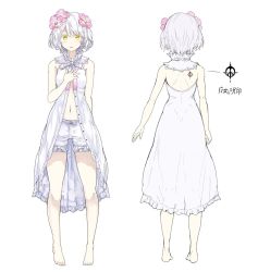 Rule 34 | 1girl, back, back tattoo, bare shoulders, barefoot, bloomers, blush, collar, concept art, dress, flower, full body, hair flower, hair ornament, hand on own chest, highres, kudou chitose, midriff, navel, nijisanji, official art, open clothes, open mouth, ribbon, shibano kaito, smile, solo, standing, straight-on, tachi-e, tattoo, transparent background, underwear, virtual youtuber, white dress, white hair, yellow eyes