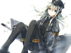 Rule 34 | 10s, 1girl, black pantyhose, blonde hair, blue eyes, bubble, cropped jacket, dress, finata, garrison cap, gloves, hat, kantai collection, long hair, long sleeves, military, military uniform, open mouth, pantyhose, puffy sleeves, simple background, solo, swimsuit, torpedo, u-511 (kancolle), underwater, uniform, white background