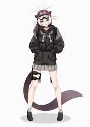 Rule 34 | 1girl, absurdres, alternate costume, animal ears, antenna hair, brown hair, commentary, deku suke, drawstring, fangs, full body, giant otter (kemono friends), goggles, goggles on head, grey skirt, grin, hair between eyes, hand in pocket, head tilt, highres, holster, hood, hood down, hoodie, kemono friends, legs apart, load bearing vest, long hair, long sleeves, looking at viewer, miniskirt, multicolored hair, otter ears, otter tail, pleated skirt, red eyes, simple background, skirt, smile, solo, standing, tail, teeth, thigh holster, thigh strap, two-tone hair, white background, white hair