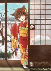 Rule 34 | 1girl, alternate costume, animal ears, bare tree, blue sky, brown hair, bush, cat ears, cat tail, chen, day, earrings, eyelashes, floral print, flower, hair flower, hair ornament, hand up, head tilt, highres, icicle, japanese clothes, jewelry, kimono, looking at viewer, mountain, multiple tails, no shoes, obi, parted lips, red eyes, rikapo, sash, shadow, short hair, single earring, sky, sleeves past wrists, sliding doors, snow, solo, tabi, tail, touhou, tree, veranda, wall