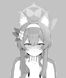 Rule 34 | 1girl, 1other, afterimage, animal ear fluff, animal ears, blue archive, blush, cat ears, closed mouth, flower, genso (thereisnosauce), grey background, greyscale, hair between eyes, hair flower, hair ornament, hairband, halo, hand on another&#039;s chin, highres, jacket, long hair, looking at viewer, mari (blue archive), mari (track) (blue archive), monochrome, pov, pov hands, simple background, solo focus, stroking another&#039;s chin, track jacket