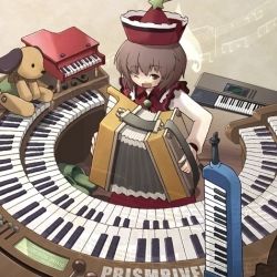 Rule 34 | 1girl, accordion, beamed quavers, brown eyes, brown hair, crotchet rest, dog, female focus, hat, instrument, keyboard, keyboard (instrument), lowres, lyrica prismriver, melodica, music, musical note, piano, sakura (medilore), short hair, solo, staff (music), touhou, toy