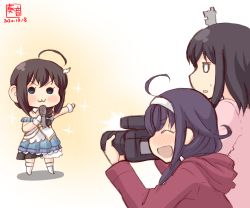Rule 34 | 3girls, :3, aged down, ahoge, alternate costume, artist logo, black hair, blue bow, bow, braid, brown hair, camera, child, closed eyes, commentary request, dated, dress, hair bow, hair flaps, hair ornament, hair over shoulder, hairband, highres, holding, holding camera, holding microphone, hood, hood down, hoodie, idol, kanon (kurogane knights), kantai collection, light blush, long sleeves, low twintails, microphone, multiple girls, open mouth, purple hair, red hoodie, ryuuhou (kancolle), shigure (kancolle), short hair, single braid, smile, sparkle, sweatdrop, taigei (kancolle), twintails, white hairband, yamashiro (kancolle)