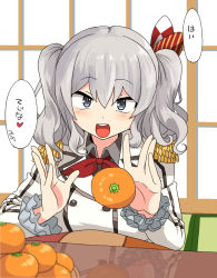 Rule 34 | 10s, 1girl, :d, buttons, double-breasted, double bun, epaulettes, food, fruit, grey eyes, highres, kantai collection, kashima (kancolle), kotatsu, kozou (rifa), looking at viewer, mandarin orange, no headwear, no headwear, open mouth, silver hair, smile, solo, table, teeth, translated, twintails