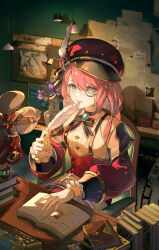Rule 34 | 1girl, absurdres, bare shoulders, book, cabbie hat, chair, charlotte (genshin impact), commentary, crackingtaro, detached sleeves, genshin impact, gloves, green eyes, hat, highres, holding, holding quill, indoors, long hair, long sleeves, monocle, pink hair, quill, red hat, shirt, sitting, solo, white gloves, white shirt