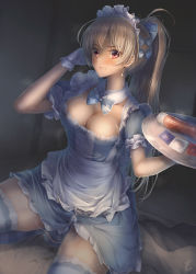 Rule 34 | 1girl, alternate costume, apron, ashermes, azur lane, blue bow, blue dress, blue thighhighs, blush, bow, breasts, cleavage cutout, clothing cutout, collar, detached collar, dress, earrings, enmaided, female masturbation, frilled apron, frilled dress, frilled sleeves, frills, gloves, hair bow, highres, holding, jean bart (azur lane), jewelry, large breasts, long hair, maid, masturbation, ponytail, red eyes, short sleeves, solo, striped clothes, striped thighhighs, thighhighs, white apron, white collar, white gloves, zettai ryouiki
