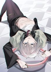 Rule 34 | 1girl, arms up, black shirt, black skirt, blue eyes, breasts, breasts out, caligula (game), caligula 2, capelet, clothes lift, collared shirt, crotch seam, grey hair, grey lips, halo, highres, jacket, jewelry, knees together feet apart, legs together, lipstick, looking at viewer, lying, makeup, mameojitan, navel, nipples, on back, on floor, open clothes, open jacket, open shirt, pantyhose, parted lips, red halo, regret (caligula 2), ring, shirt, shirt lift, short hair, skindentation, skirt, small breasts, solo, thigh strap, thighs, white shirt, wide sleeves