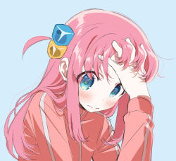 Rule 34 | 1girl, blue background, blue eyes, blush, bocchi the rock!, closed mouth, cube hair ornament, gotoh hitori, hair ornament, hand on own forehead, jacket, komipe512, long hair, long sleeves, looking at viewer, one side up, pink hair, pink jacket, simple background, solo, track jacket, upper body