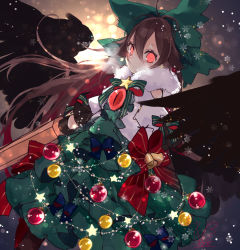 Rule 34 | 1girl, arm cannon, bell, bow, breath, brown hair, christmas ornaments, commentary request, fur collar, green bow, green skirt, hair between eyes, hair bow, highres, layered skirt, long hair, looking at viewer, red bow, red eyes, reiuji utsuho, shirt, short sleeves, signature, skirt, snowflakes, solo, star (symbol), touhou, toutenkou, weapon, white shirt