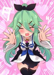 Rule 34 | 1girl, black thighhighs, blue neckerchief, blush, breasts, closed eyes, emphasis lines, eyes visible through hair, green hair, hair between eyes, hair ornament, hairclip, heart, highres, jewelry, kantai collection, long hair, neckerchief, necklace, open mouth, panties, pantyshot, pink background, pov, reaching, reaching towards viewer, ring, running, skindentation, solo, standing, suzuki toto, thighhighs, underwear, wedding ring, yamakaze (kancolle)