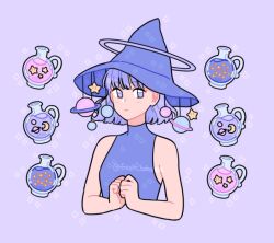 Rule 34 | 1girl, bare arms, bare shoulders, blue hat, blue shirt, blunt bangs, blunt ends, closed mouth, commentary, constellation, crescent, cropped torso, emily kim, english commentary, expressionless, glass bottle, halo, hat, light blush, original, own hands together, planet, planetary ring, potion, purple background, purple eyes, purple hair, purple halo, shirt, short hair, simple background, sleeveless, sleeveless shirt, solo, sparkle, star (symbol), turtleneck, turtleneck shirt, twitter username, witch, witch hat