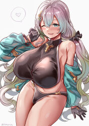 Rule 34 | 1girl, bare shoulders, bikini, black bikini, black gloves, blush, breasts, collarbone, cupitan (granblue fantasy), cupitan (summer) (granblue fantasy), gloves, gradient hair, granblue fantasy, green eyes, green hair, grey hair, highres, himuro shunsuke, huge breasts, jacket, long hair, long sleeves, looking at viewer, low twintails, multicolored hair, navel, off shoulder, official alternate costume, open clothes, open jacket, sideboob, sitting, solo, stomach, swimsuit, thighs, twintails, very long hair