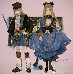Rule 34 | 1boy, 1girl, :|, akihare, black headwear, black jacket, blonde hair, blue dress, blue eyes, blue skirt, boots, bow, braid, breasts, brown eyes, buttons, closed mouth, crown braid, dress, earrings, elf, expressionless, film grain, full body, gloves, gold trim, hair bow, hat, highres, holding, holding sword, holding weapon, jacket, jewelry, link, long hair, long sleeves, looking at viewer, multicolored clothes, multicolored legwear, nintendo, outline, parted lips, pink background, pointy ears, princess zelda, sheath, sheathed, shirt, sidelocks, skirt, skirt hold, small breasts, standing, straight-on, sword, the legend of zelda, the legend of zelda: tears of the kingdom, triforce, weapon, weibo logo, weibo watermark, white bow, white gloves, white outline, white shirt