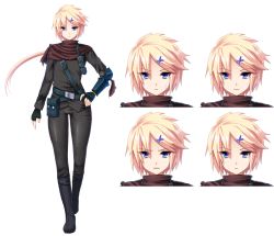 Rule 34 | 1boy, androgynous, belt, belt pouch, blonde hair, blue eyes, boots, character sheet, commentary request, expressionless, expressions, eyes visible through hair, fingerless gloves, full body, gloves, hair ornament, hairclip, hand on own hip, highres, hyori osin, long hair, looking at viewer, low ponytail, male focus, multiple views, original, pouch, smile, sweatdrop, trap, white background