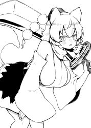 Rule 34 | 1girl, :3, :d, absurdres, animal ears, breasts, detached sleeves, fingernails, greyscale, hat, highres, himajin noizu, holding, holding sword, holding weapon, inubashiri momiji, large breasts, looking at viewer, monochrome, open mouth, pom pom (clothes), short hair, sideboob, skirt, smile, solo, sword, tail, tokin hat, touhou, weapon, wide sleeves, wolf ears, wolf tail