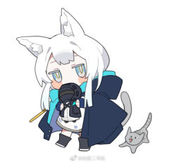 Rule 34 | 1girl, animal, animal ear fluff, animal ears, arknights, baiwei er hao ji, black footwear, blue eyes, blue jacket, blush stickers, boots, cat, cat ears, cat girl, cat tail, character doll, chibi, doctor, doll, dress, full body, holding, holding doll, jacket, jacket on shoulders, long hair, looking at viewer, rosmontis (arknights), sidelocks, solo, standing, tail, weibo watermark, white dress, white hair